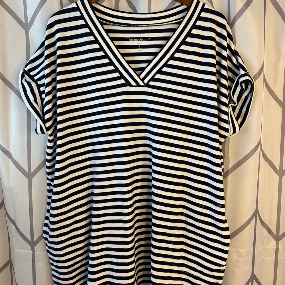 Woman Within Navy and White Striped V-Neck Tunic